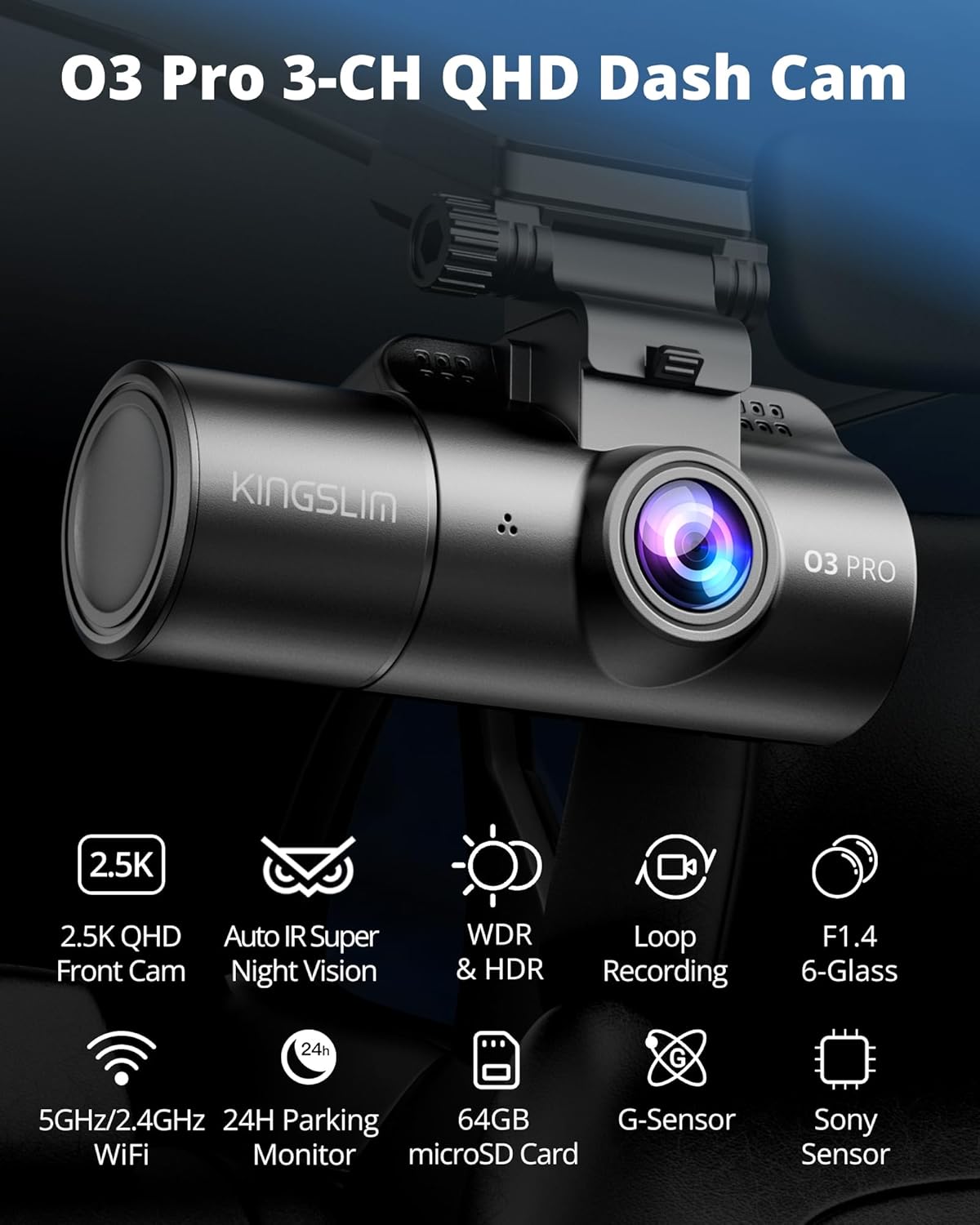 Kingslim O3 Pro 3-Channel Dash Cam