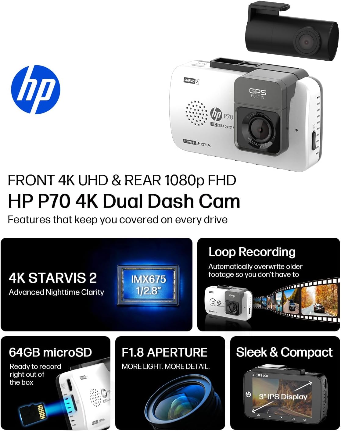 HP P70 4K Front and Full HD Rear Dash Cam